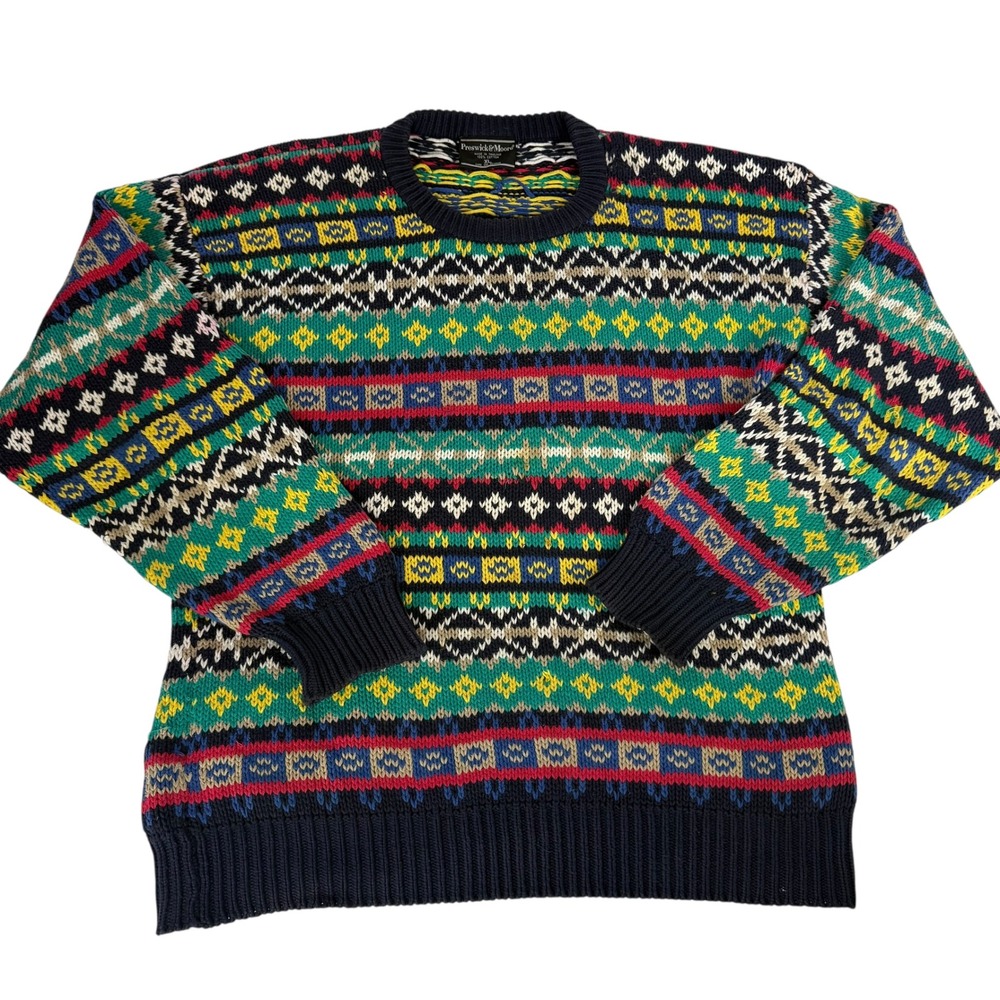 Preswick & Moore Vintage Fair Isle Sweater Mens XL Cotton Geometric Multi-Color